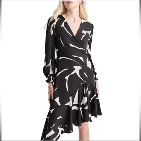DKNY Women's black eggshell surplice wrap Geometric Asymmetric Dress size 12 new - Picture 1 of 7